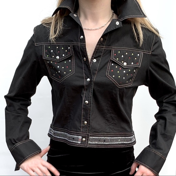 Black Cotton Collared Short Blazer Jacket colorful Jeweled beadings Rhinestones - Picture 7 of 16